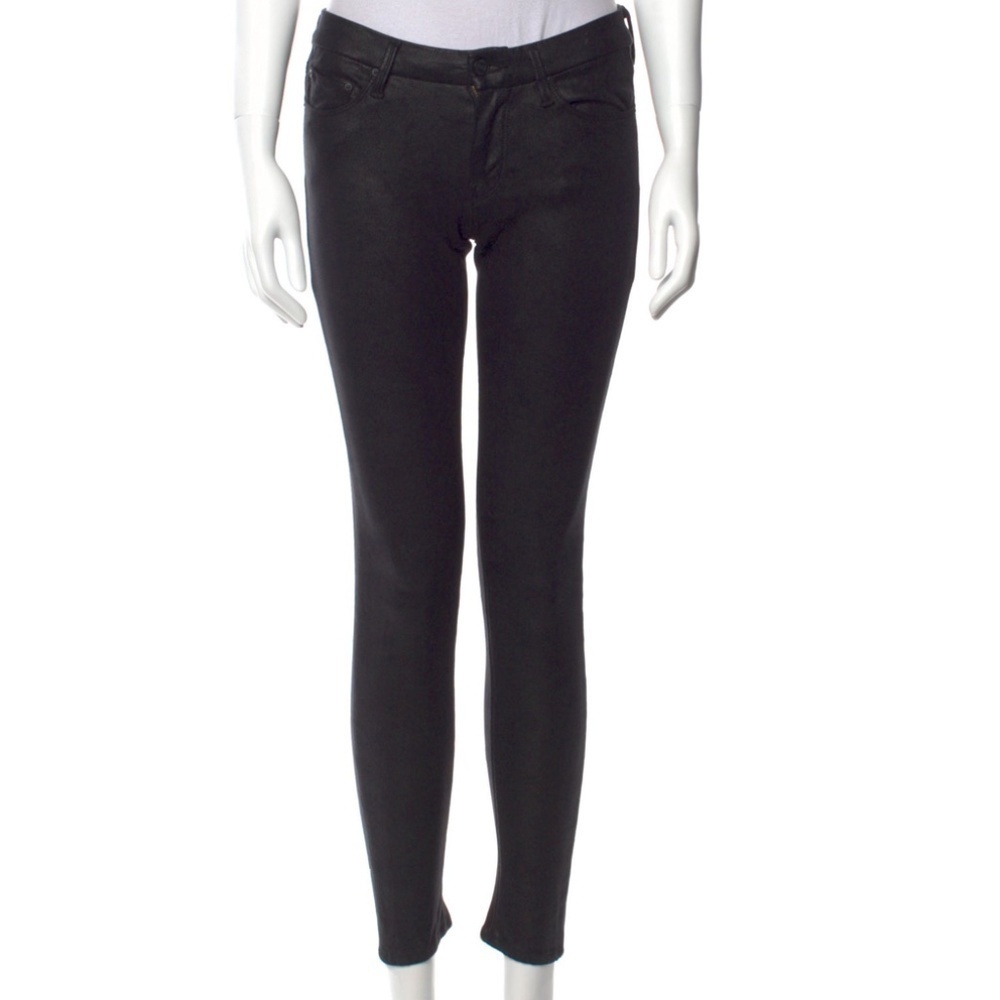 Mother Shiny Black Textured Mid Rise Skinny Jeans